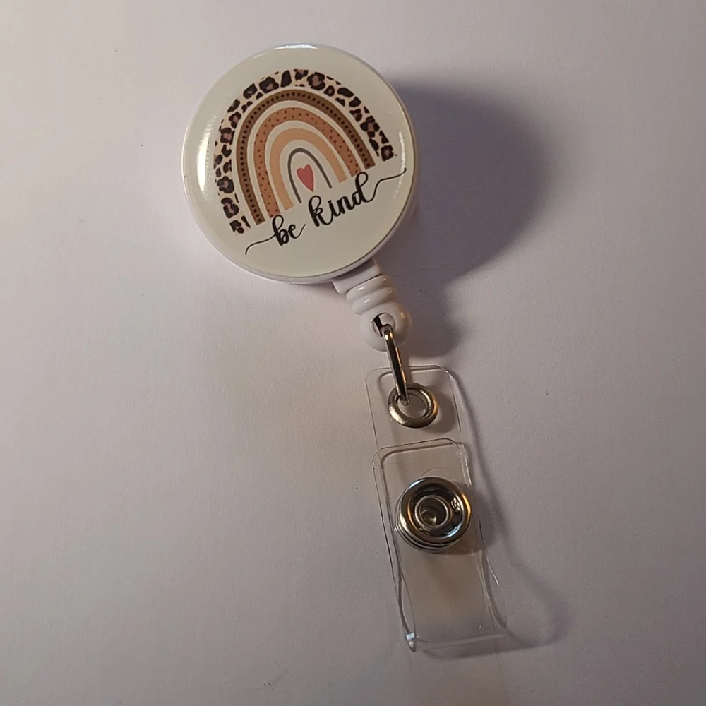Retractable Badge Reel — Be Kind Leopard Rainbow